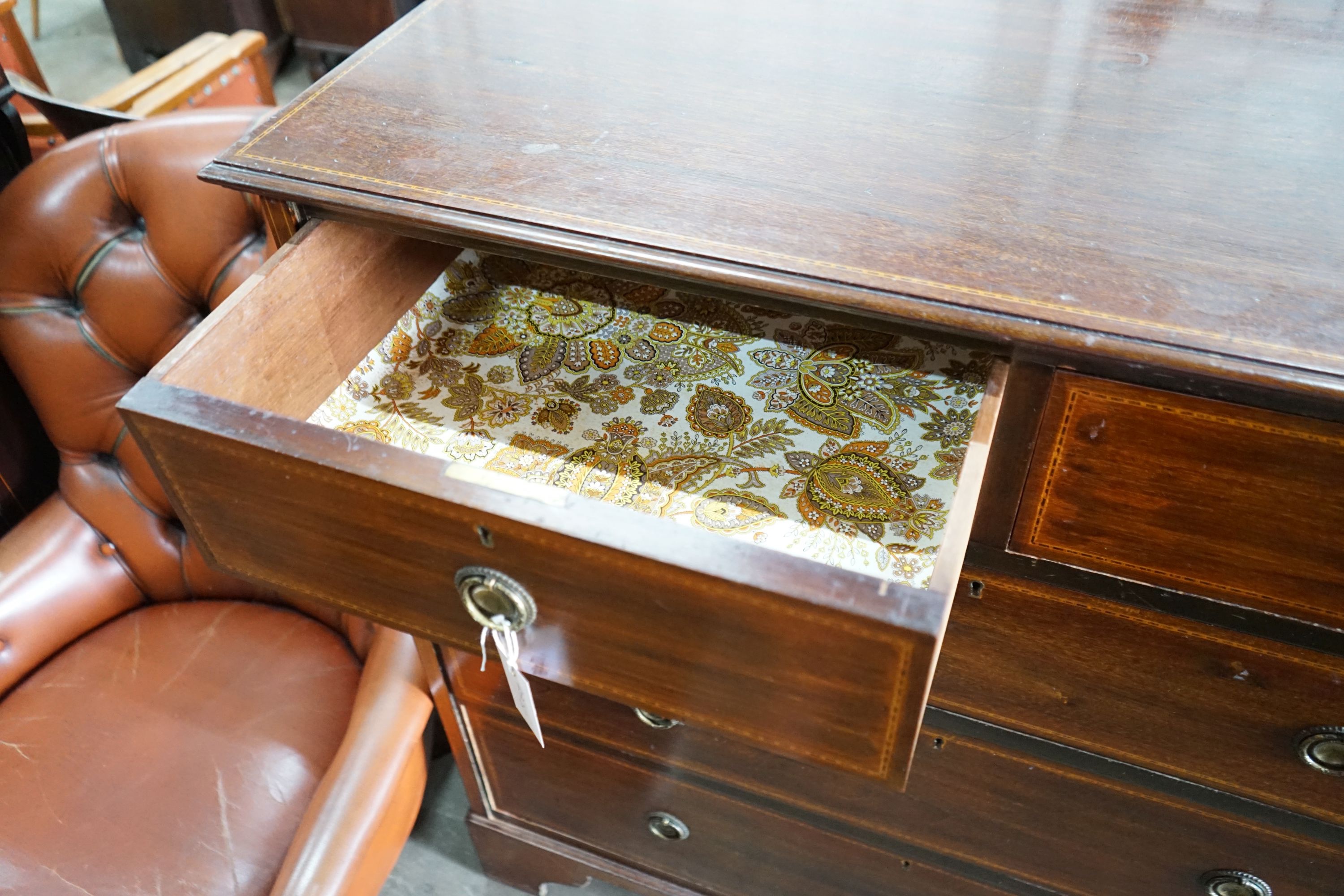An Edwardian inlaid mahogany chest, fitted two short and three long drawers, width 106cm, depth 52cm, height 107cm